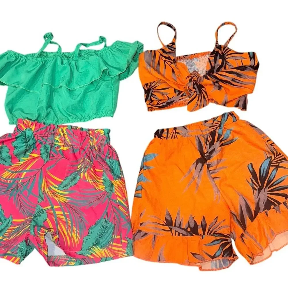 2 Tropical Summer Outfit Sets 12-24M Off Shoulder Crop Top Shorts Bundle